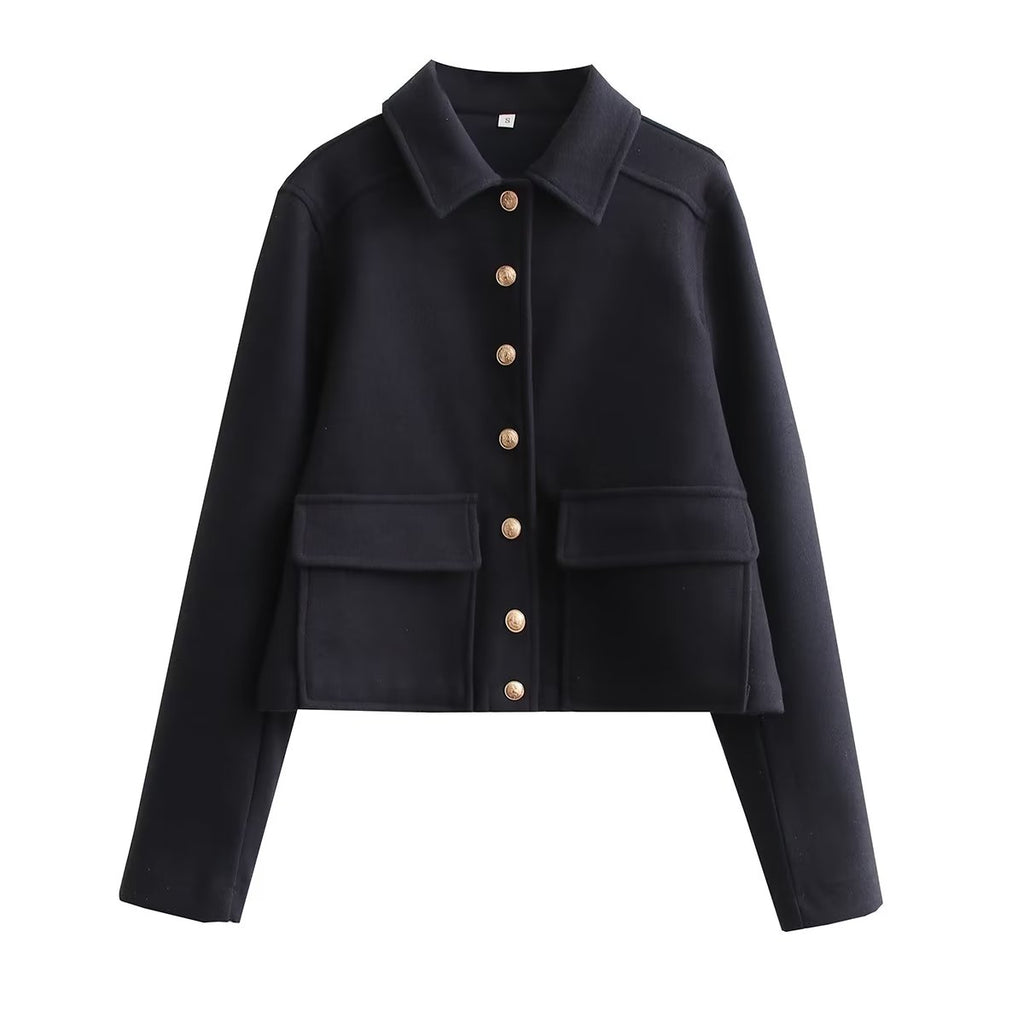 Cropped Wool-Blend Jacket Women's Collared Button-Front – Casual, Office