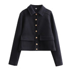 Cropped Wool-Blend Jacket Women's Collared Button-Front – Casual, Office