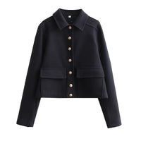 Cropped Wool-Blend Jacket Women's Collared Button-Front – Casual, Office