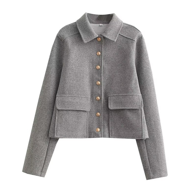 Cropped Wool-Blend Jacket Women's Collared Button-Front – Casual, Office