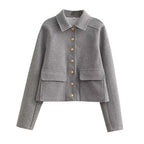 Cropped Wool-Blend Jacket Women's Collared Button-Front – Casual, Office