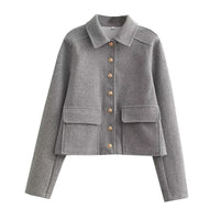 Cropped Wool-Blend Jacket Women's Collared Button-Front – Casual, Office