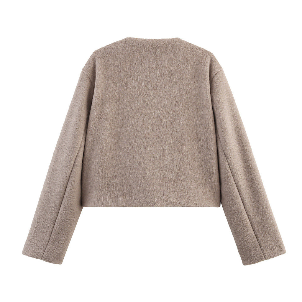 Cropped Wool-Blend Jacket Women's Collarless Button-Front with Pockets – Casual, Office