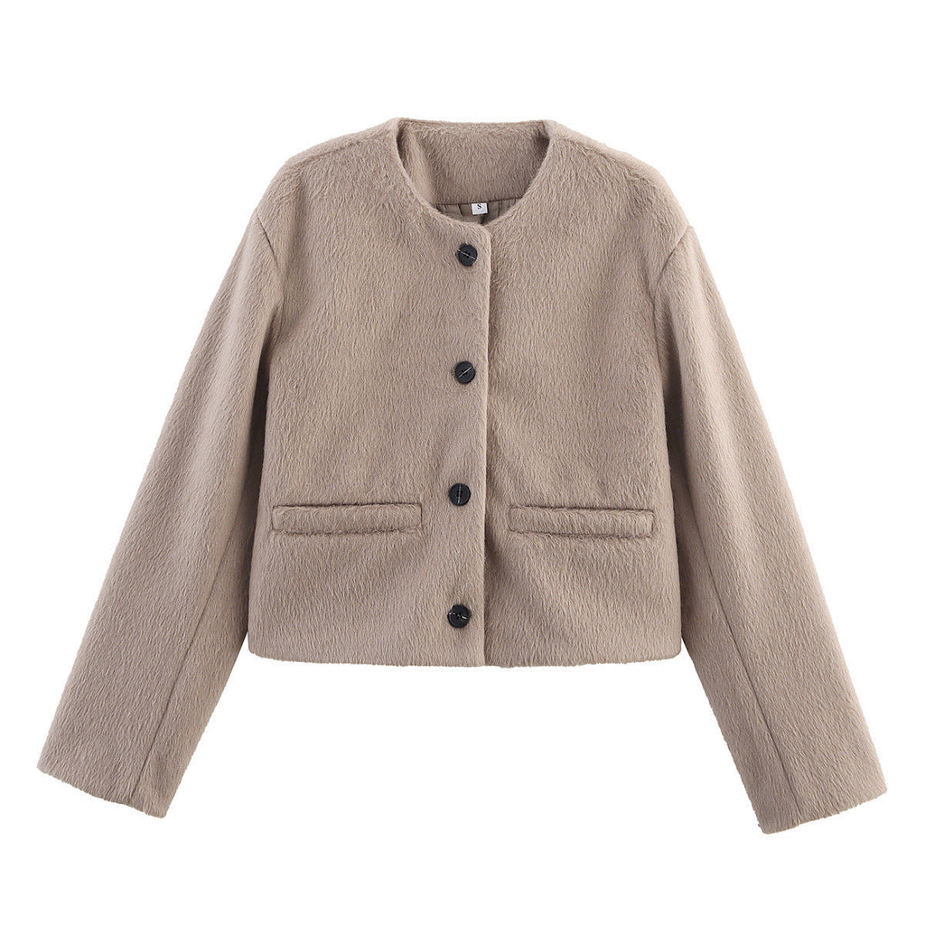 Cropped Wool-Blend Jacket Women's Collarless Button-Front with Pockets – Casual, Office