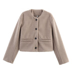 Cropped Wool-Blend Jacket Women's Collarless Button-Front with Pockets – Casual, Office