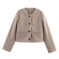 Cropped Wool-Blend Jacket Women's Collarless Button-Front with Pockets – Casual, Office