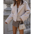Cropped Wool Coat Women's White Double-Breasted Jacket – Office, Casual