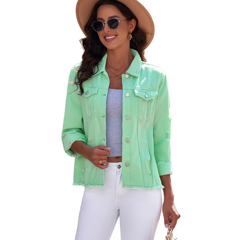 Denim Jacket Women's Distressed Green – Casual, Office