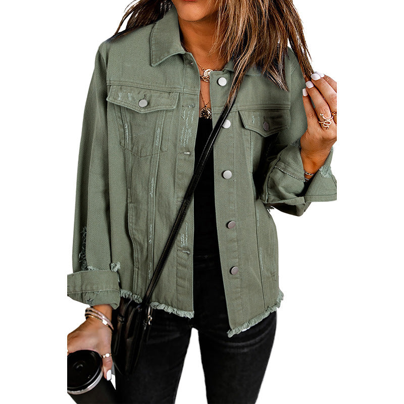 Denim Jacket Women's Distressed Green – Casual, Office