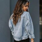 Leopard Print Denim Jacket Women's Distressed Button-Up – Casual, Everyday Wear