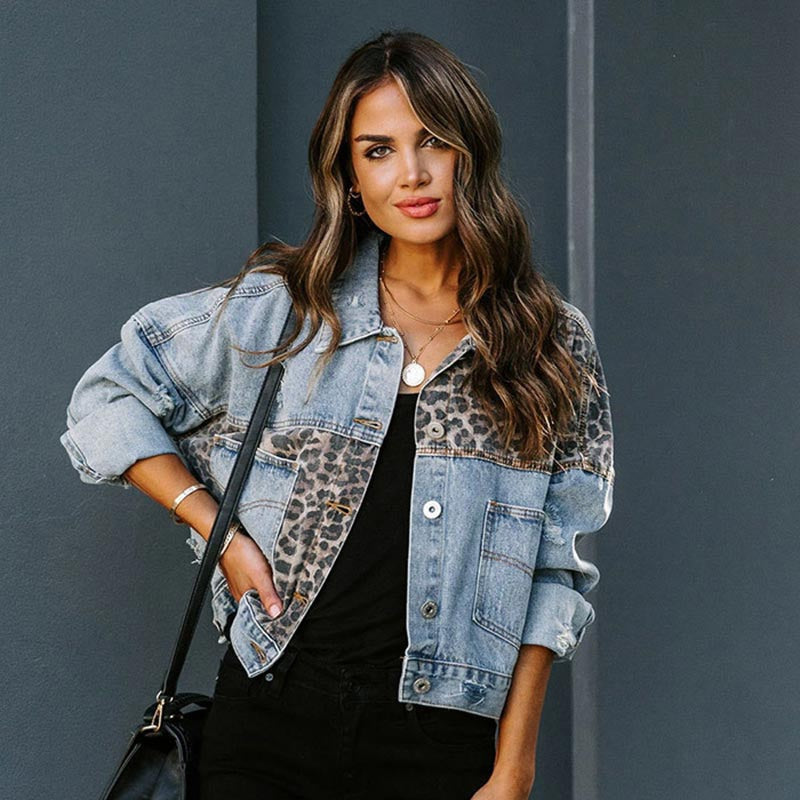 Leopard Print Denim Jacket Women's Distressed Button-Up – Casual, Everyday Wear