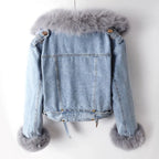 Denim Jacket Women's Faux Fur Collar Cropped – Casual, Winter