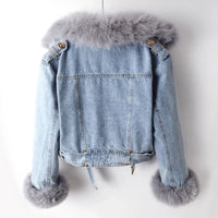Denim Jacket Women's Faux Fur Collar Cropped – Casual, Winter