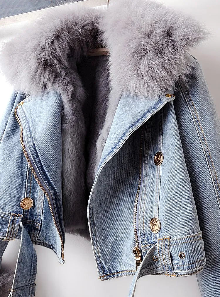 Denim Jacket Women's Faux Fur Collar Cropped – Casual, Winter