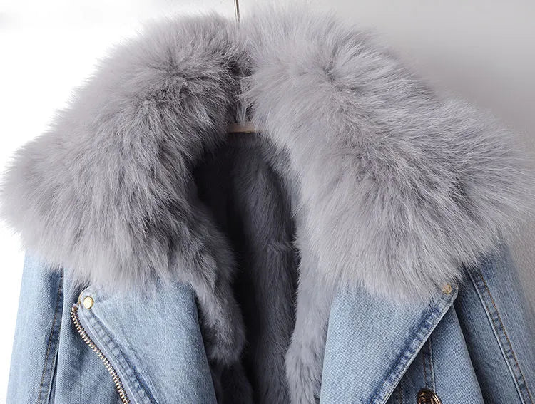 Denim Jacket Women's Faux Fur Collar Cropped – Casual, Winter