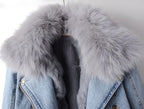 Denim Jacket Women's Faux Fur Collar Cropped – Casual, Winter