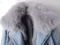 Denim Jacket Women's Faux Fur Collar Cropped – Casual, Winter