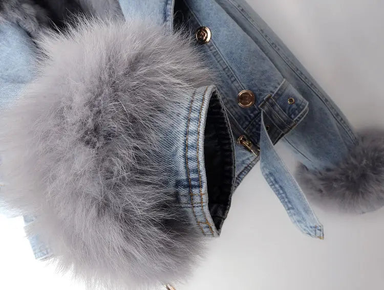 Denim Jacket Women's Faux Fur Collar Cropped – Casual, Winter