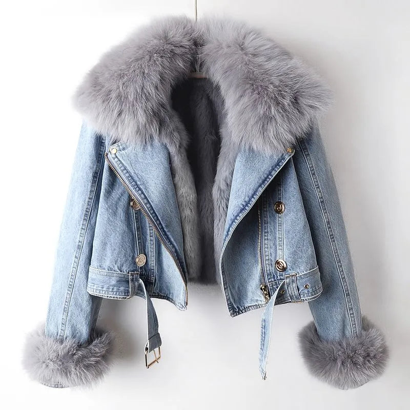 Denim Jacket Women's Faux Fur Collar Cropped – Casual, Winter