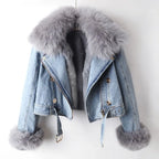 Denim Jacket Women's Faux Fur Collar Cropped – Casual, Winter