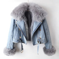 Denim Jacket Women's Faux Fur Collar Cropped – Casual, Winter
