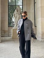 Double-Breasted Blazer Coat Women's Loose Fit Stand Collar Jacket – Office, Casual