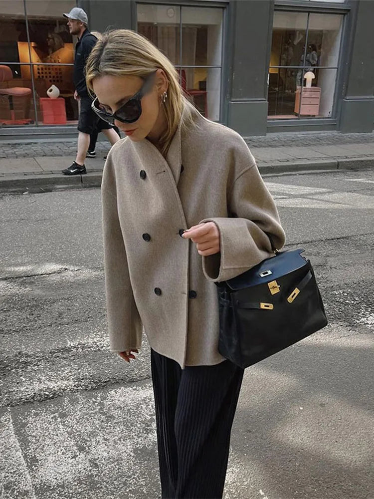 Double-Breasted Blazer Coat Women's Loose Fit Stand Collar Jacket – Office, Casual