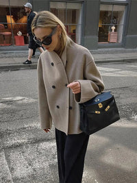Double-Breasted Blazer Coat Women's Loose Fit Stand Collar Jacket – Office, Casual