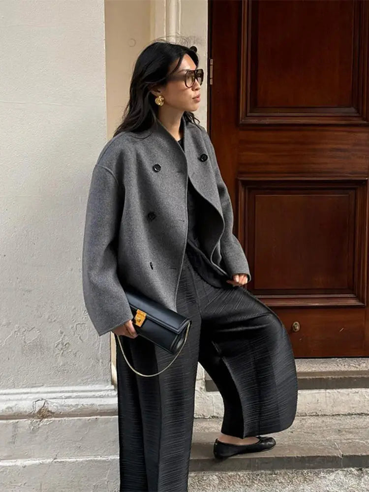 Double-Breasted Blazer Coat Women's Loose Fit Stand Collar Jacket – Office, Casual