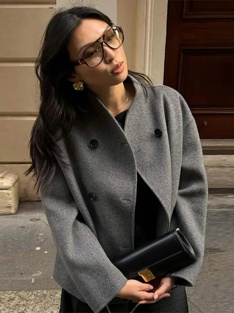 Double-Breasted Blazer Coat Women's Loose Fit Stand Collar Jacket – Office, Casual
