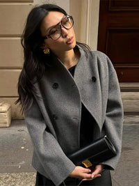 Double-Breasted Blazer Coat Women's Loose Fit Stand Collar Jacket – Office, Casual