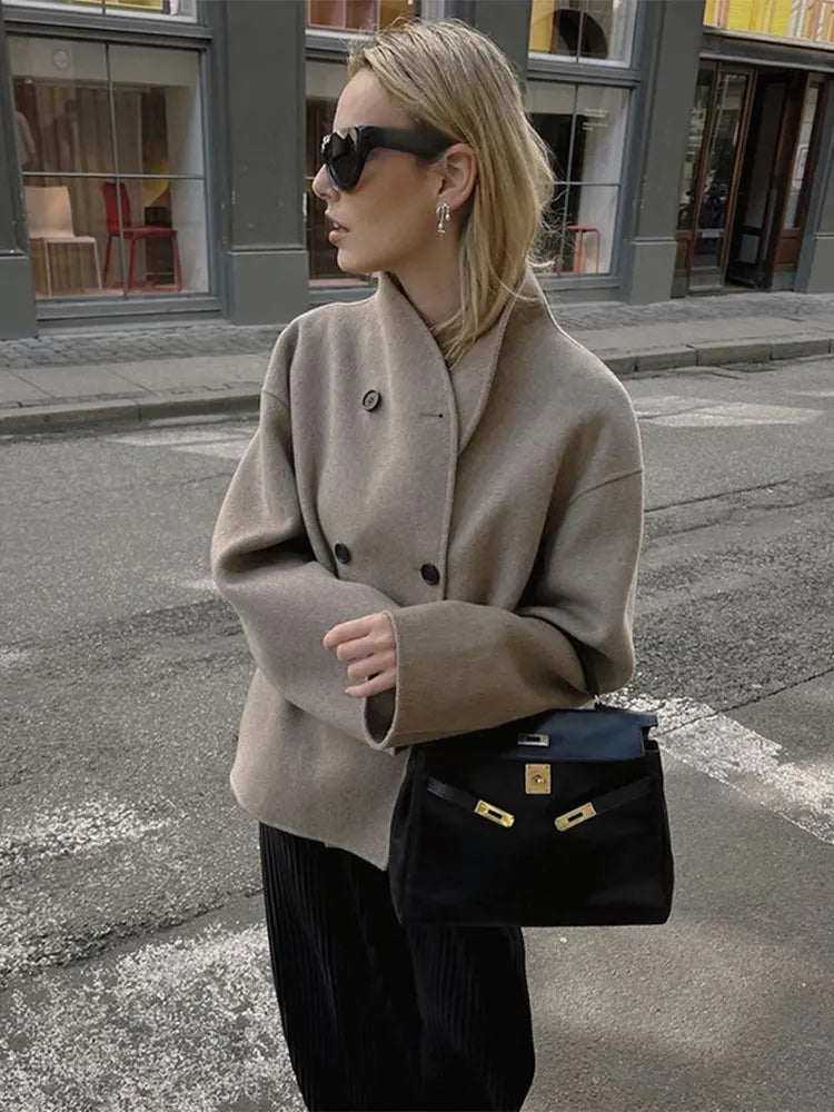Double-Breasted Blazer Coat Women's Loose Fit Stand Collar Jacket – Office, Casual