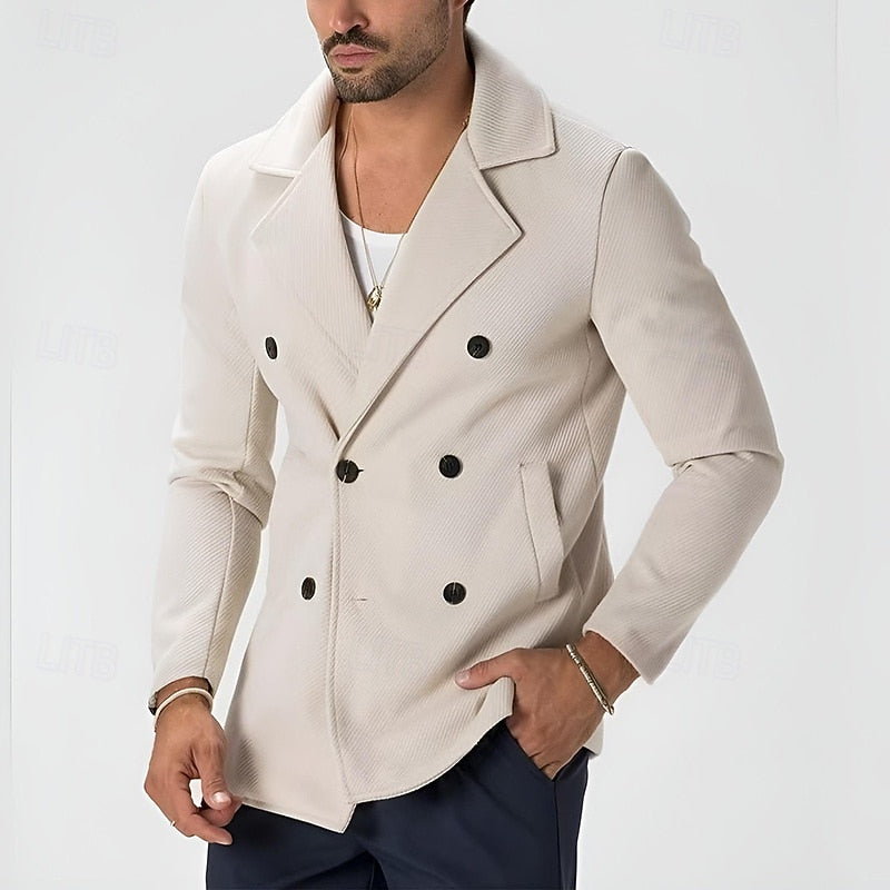Beige Double-Breasted Coat Men's Notch Lapel Tailored Jacket – Casual, Office