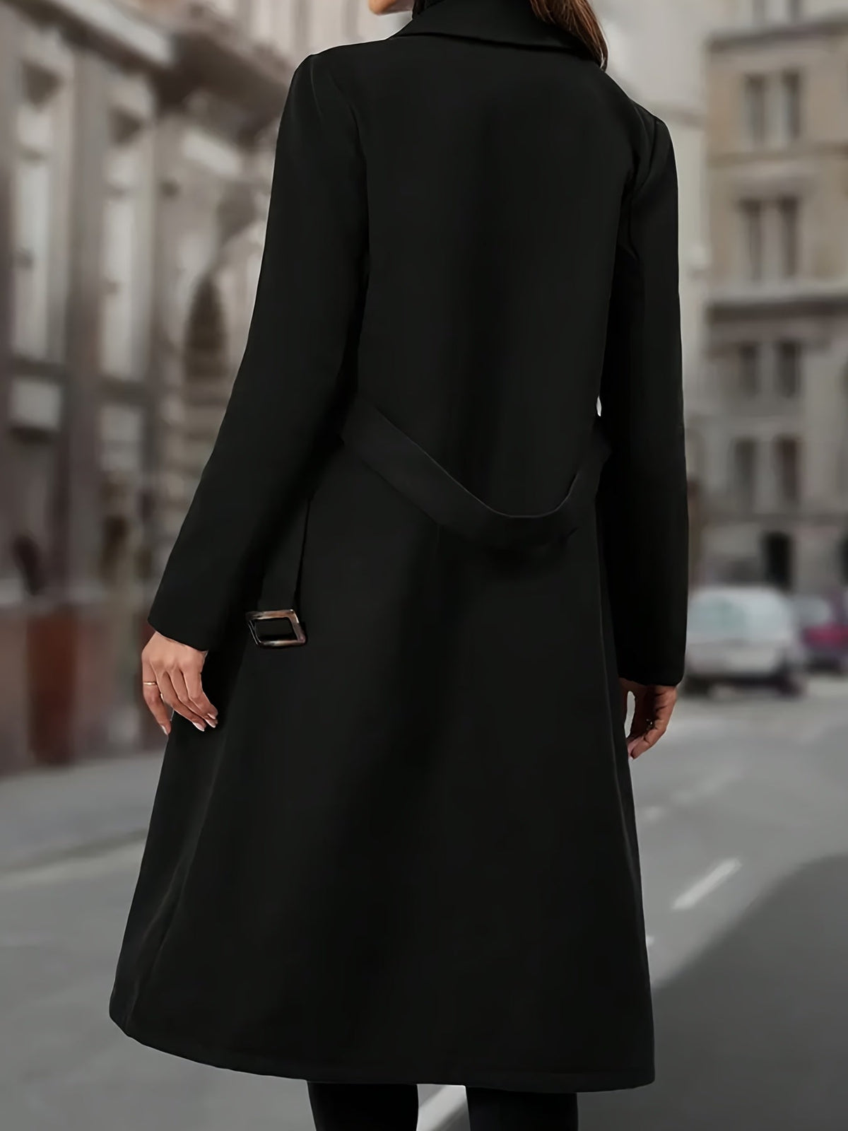 Double-Breasted Long Coat Women's Black Lapel with Pockets – Office, Casual Winter