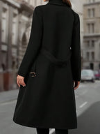 Double-Breasted Long Coat Women's Black Lapel with Pockets – Office, Casual Winter