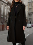 Double-Breasted Long Coat Women's Black Lapel with Pockets – Office, Casual Winter