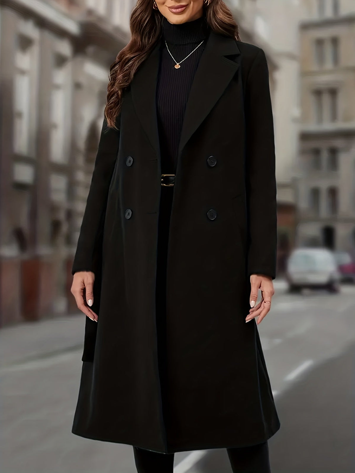 Double-Breasted Long Coat Women's Black Lapel with Pockets – Office, Casual Winter