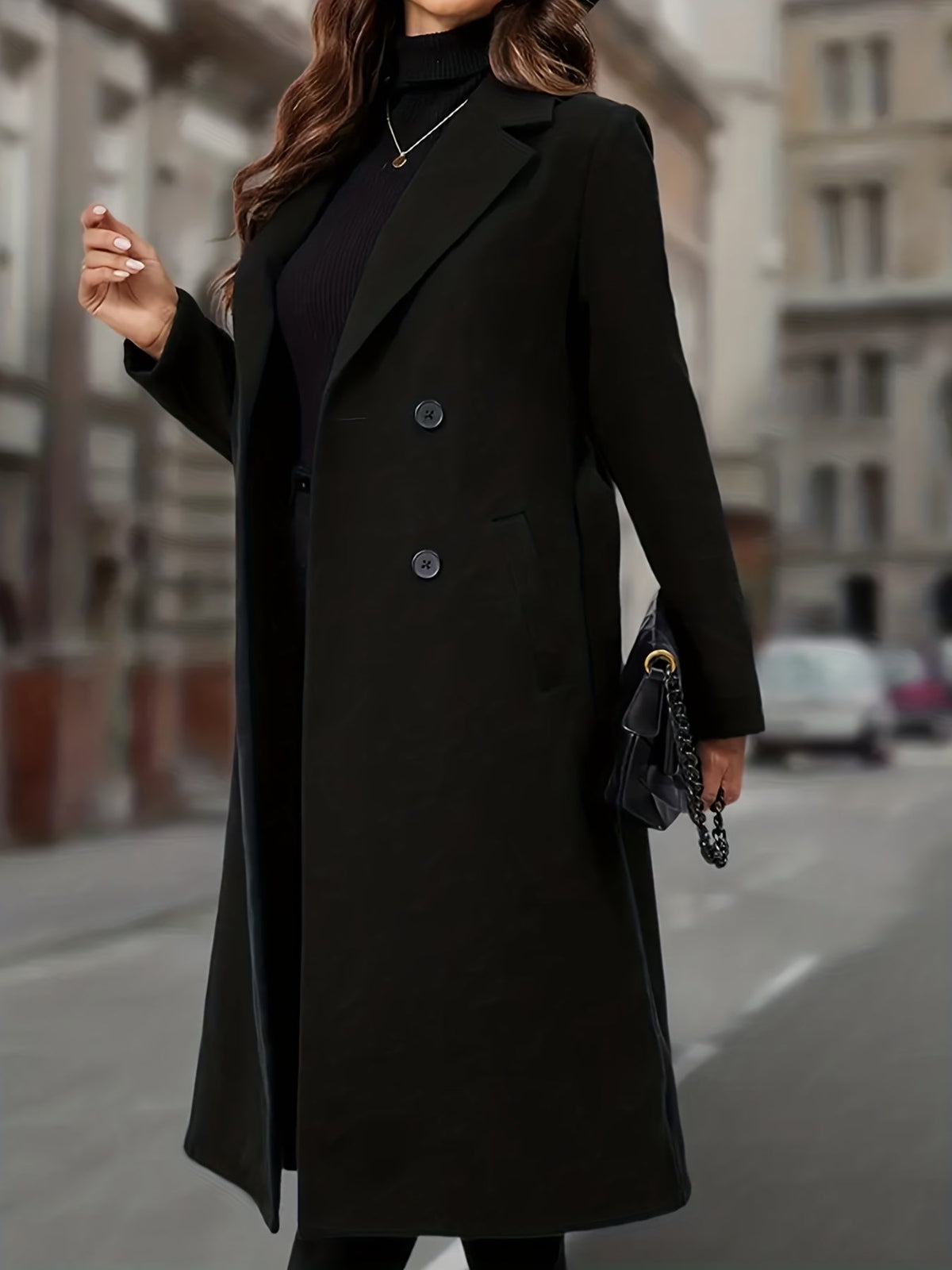 Double-Breasted Long Coat Women's Black Lapel with Pockets – Office, Casual Winter
