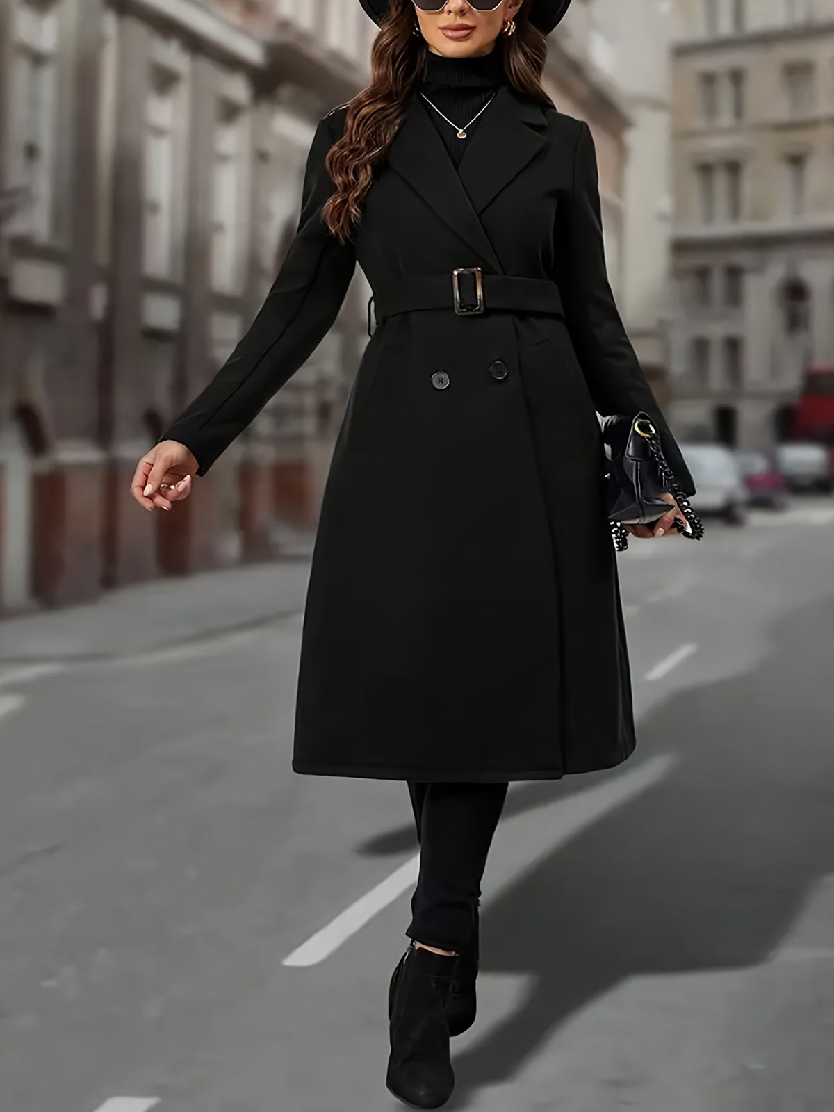 Double-Breasted Long Coat Women's Black Lapel with Pockets – Office, Casual Winter