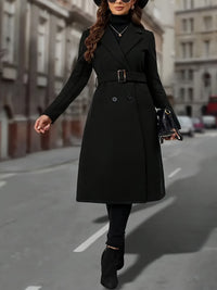 Double-Breasted Long Coat Women's Black Lapel with Pockets – Office, Casual Winter