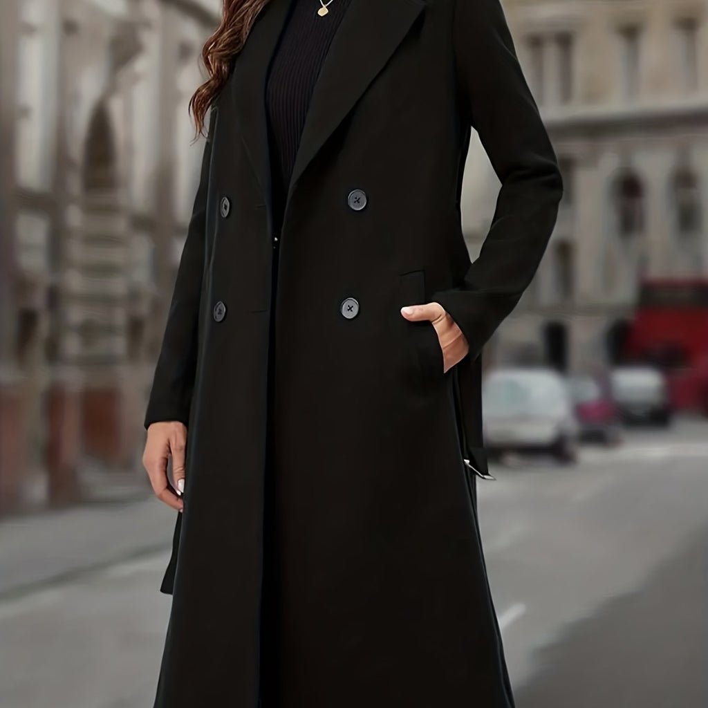 Double-Breasted Long Coat Women's Black Lapel with Pockets – Office, Casual Winter