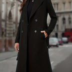 Double-Breasted Long Coat Women's Black Lapel with Pockets – Office, Casual Winter