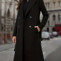 Double-Breasted Long Coat Women's Black Lapel with Pockets – Office, Casual Winter