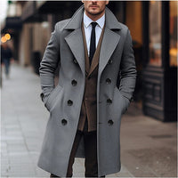 Double-Breasted Trench Coat Men's Wool Blend Grey Long Overcoat – Office, Winter Gift