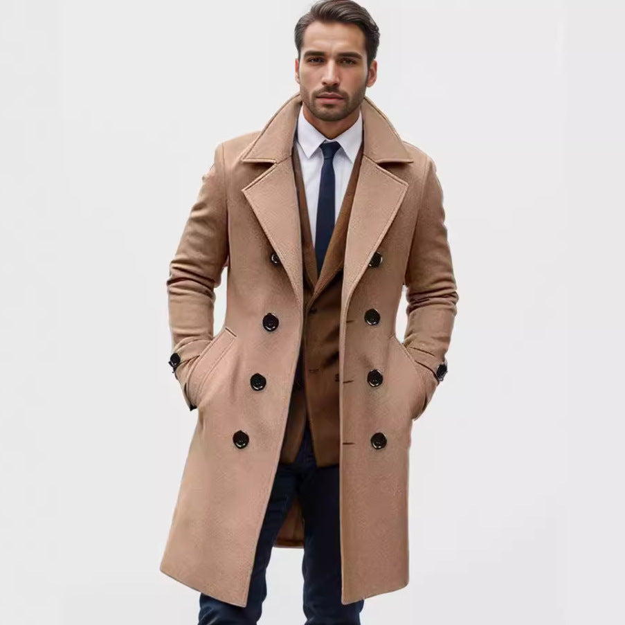 Double-Breasted Trench Coat Men's Wool Blend Grey Long Overcoat – Office, Winter Gift