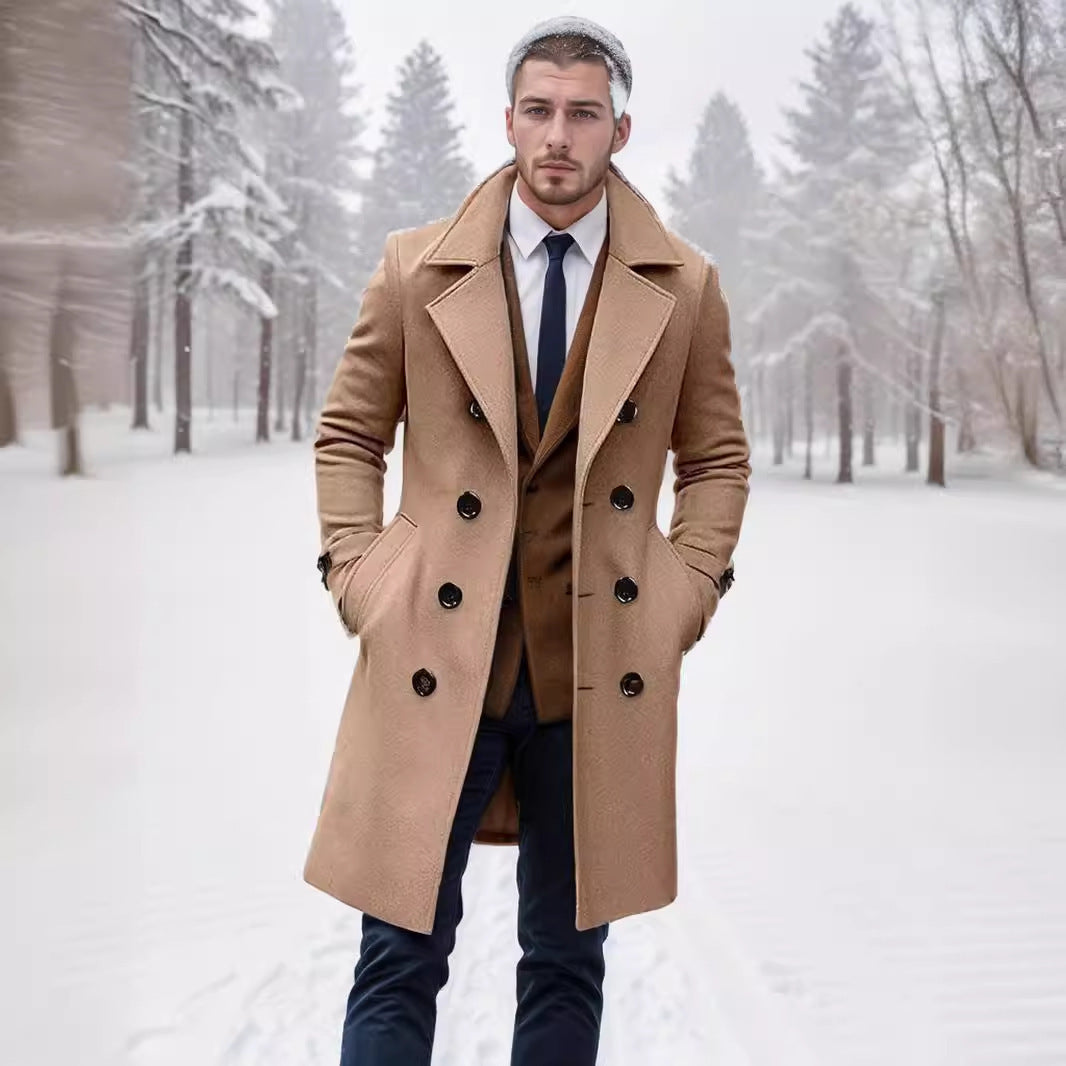 Double-Breasted Trench Coat Men's Wool Blend Grey Long Overcoat – Office, Winter Gift