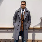 Double-Breasted Trench Coat Men's Wool Blend Grey Long Overcoat – Office, Winter Gift