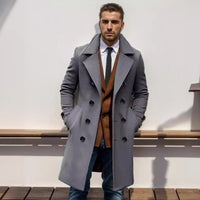 Double-Breasted Trench Coat Men's Wool Blend Grey Long Overcoat – Office, Winter Gift