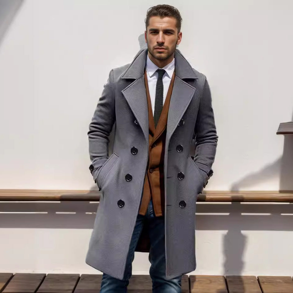 Double-Breasted Trench Coat Men's Wool Blend Grey Long Overcoat – Office, Winter Gift