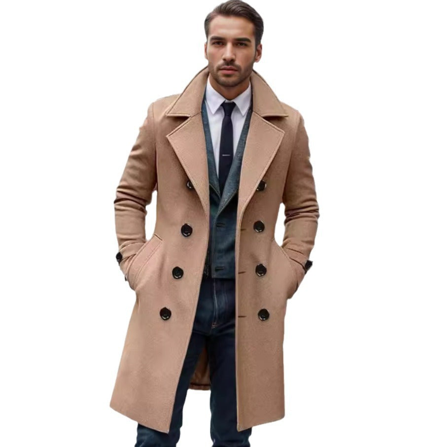 Double-Breasted Trench Coat Men's Wool Blend Grey Long Overcoat – Office, Winter Gift